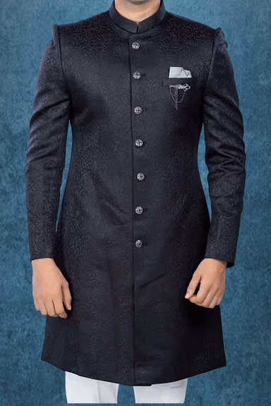 Patterned Imported Synthetic Fabric In Black  Sherwani — view 5 of 6