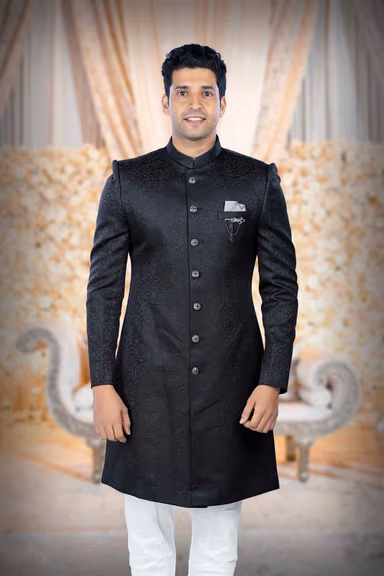Patterned Imported Synthetic Fabric In Black  Sherwani — view 2 of 6