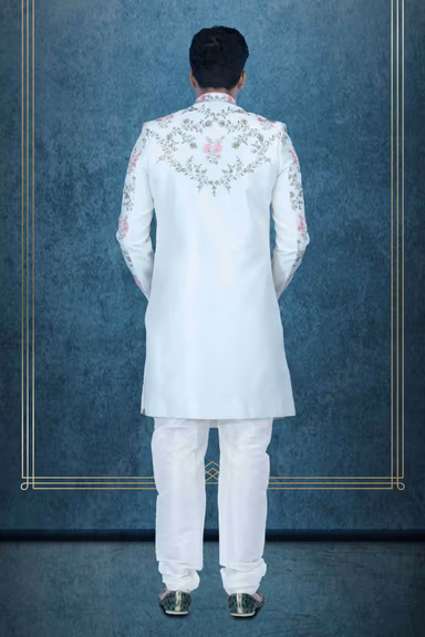 Embroidery Dupion Silk Fabric In Cream-White Sherwani — view 4 of 6