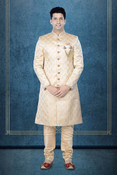 Hand Dubka Embroidered Imported Synthetic Fabric In Light Golden Sherwani — view 6 of 6