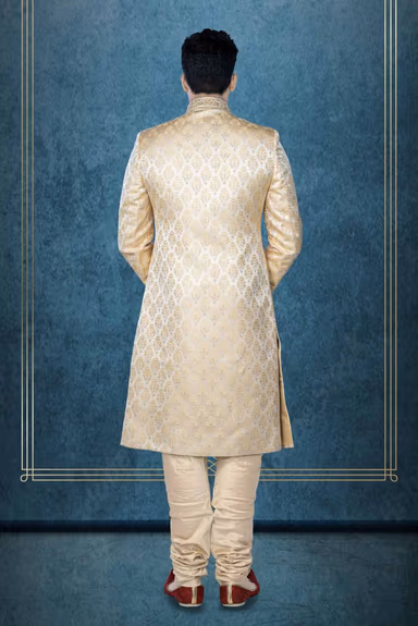 Hand Dubka Embroidered Imported Synthetic Fabric In Light Golden Sherwani — view 3 of 6