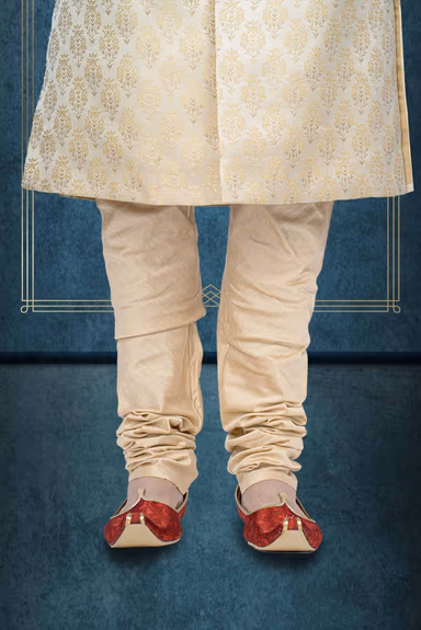 Hand Dubka Embroidered Imported Synthetic Fabric In Light Golden Sherwani — view 2 of 6