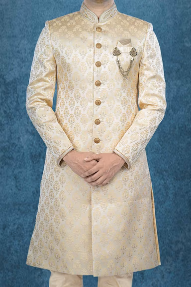 Hand Dubka Embroidered Imported Synthetic Fabric In Light Golden Sherwani — view 4 of 6