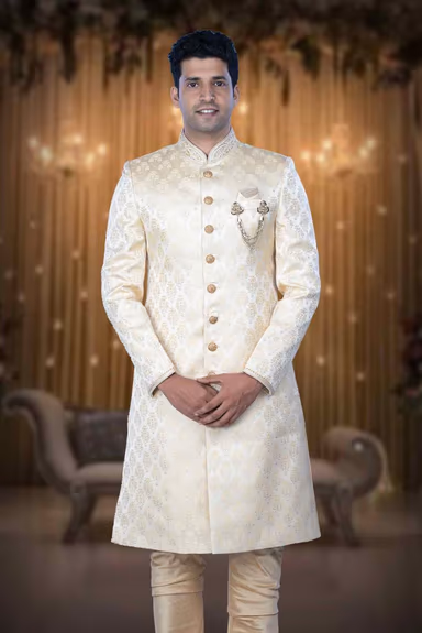Hand Dubka Embroidered Imported Synthetic Fabric In Light Golden Sherwani — view 1 of 6