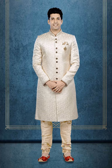 Hand Dubka Embroidered Imported Synthetic Fabric In Light Golden Sherwani — view 1 of 6