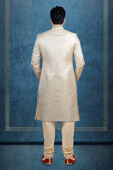 Hand Dubka Embroidered Imported Synthetic Fabric In Light Golden Sherwani — view 4 of 6