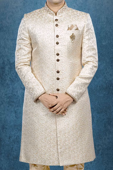 Hand Dubka Embroidered Imported Synthetic Fabric In Light Golden Sherwani — view 5 of 6