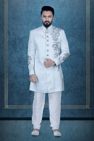 Hand Zarkan Embroidered Jacquard Fabric In Off-white Sherwani — view 1 of 6