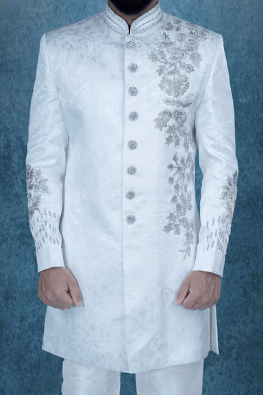Hand Zarkan Embroidered Jacquard Fabric In Off-white Sherwani — view 5 of 6