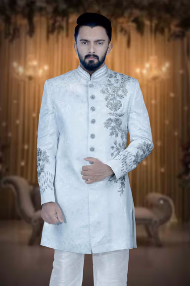 Hand Zarkan Embroidered Jacquard Fabric In Off-white Sherwani — view 2 of 6