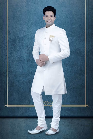 Patterned Imported Synthetic Fabric In White Sherwani — view 6 of 6