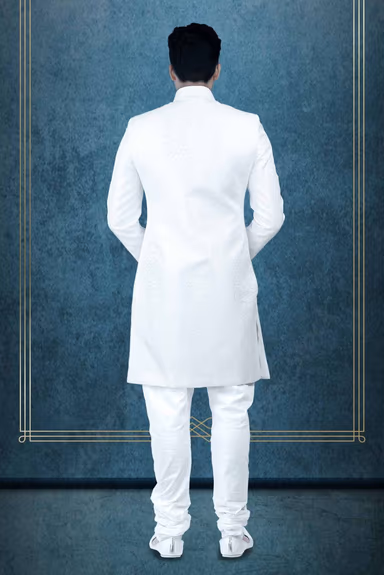 Patterned Imported Synthetic Fabric In White Sherwani — view 4 of 6