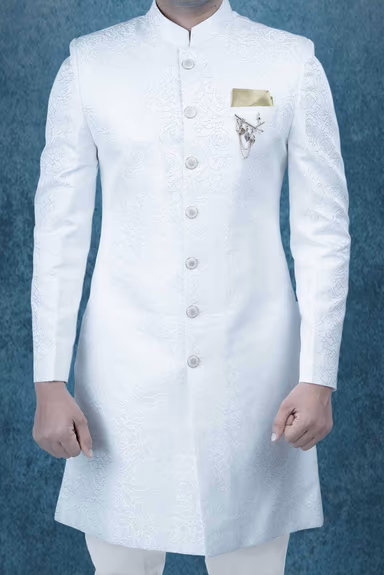 Patterned Imported Synthetic Fabric In White Sherwani — view 5 of 6