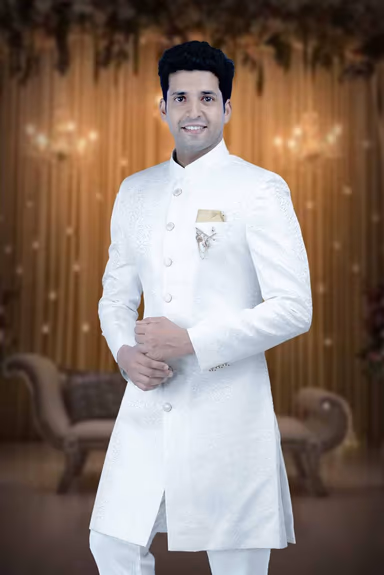 Patterned Imported Synthetic Fabric In White Sherwani — view 2 of 6
