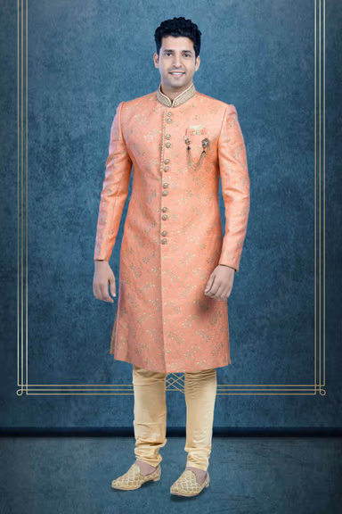 Hand Dubka Embroidered Imported Synthetic Fabric In Peach   Sherwani — view 1 of 6