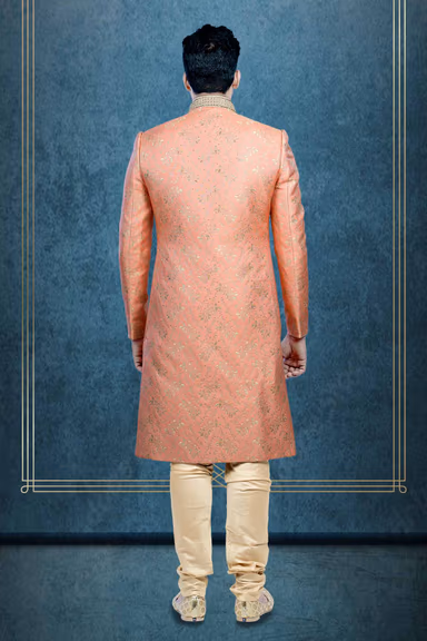 Hand Dubka Embroidered Imported Synthetic Fabric In Peach   Sherwani — view 4 of 6