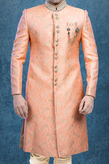Hand Dubka Embroidered Imported Synthetic Fabric In Peach   Sherwani — view 5 of 6