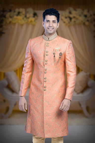 Hand Dubka Embroidered Imported Synthetic Fabric In Peach   Sherwani — view 2 of 6