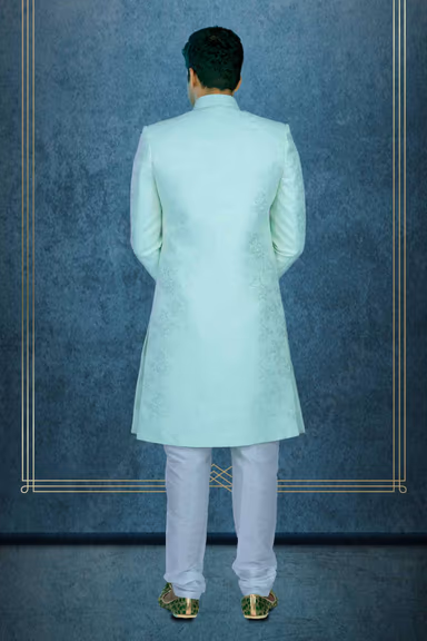 Hand Stone Worked Printed Jacquard In Pista Sherwani — view 4 of 6