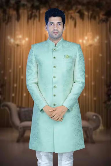 Hand Stone Worked Printed Jacquard In Pista Sherwani — view 2 of 6