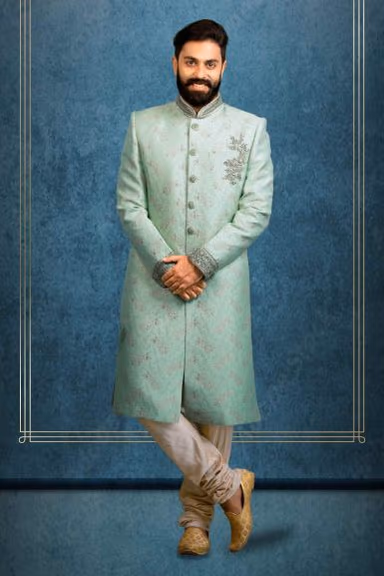 Zardozi And Thread Embroidery Imported Synthetic Fabric In Pista Green Sherwani — view 6 of 6