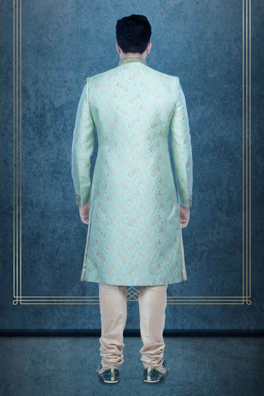 Zardozi And Thread Embroidery Imported Synthetic Fabric In Pista Green Sherwani — view 3 of 6