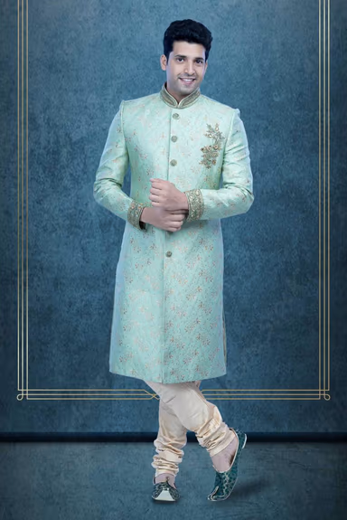 Zardozi And Thread Embroidery Imported Synthetic Fabric In Pista Green Sherwani — view 5 of 6