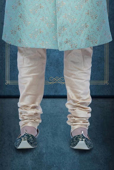 Zardozi And Thread Embroidery Imported Synthetic Fabric In Pista Green Sherwani — view 2 of 6