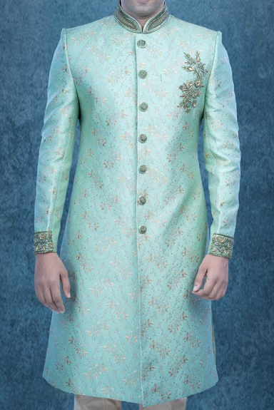 Zardozi And Thread Embroidery Imported Synthetic Fabric In Pista Green Sherwani — view 4 of 6