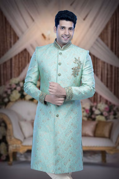Zardozi And Thread Embroidery Imported Synthetic Fabric In Pista Green Sherwani — view 1 of 6