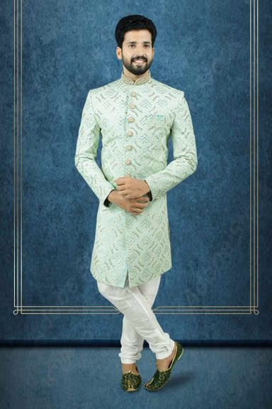 Nawabi Embroidered  Pastel Green Sherwani — view 1 of 6