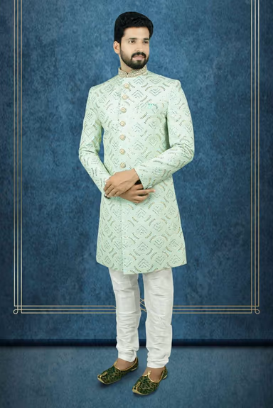 Nawabi Embroidered  Pastel Green Sherwani — view 6 of 6