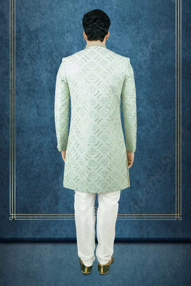 Nawabi Embroidered  Pastel Green Sherwani — view 4 of 6