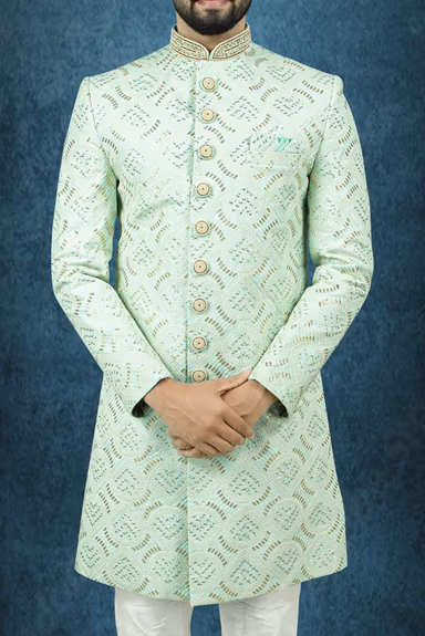 Nawabi Embroidered  Pastel Green Sherwani — view 5 of 6