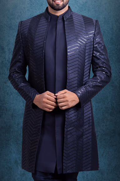 Navy Blue Dapper Jacket Sherwani — view 4 of 5
