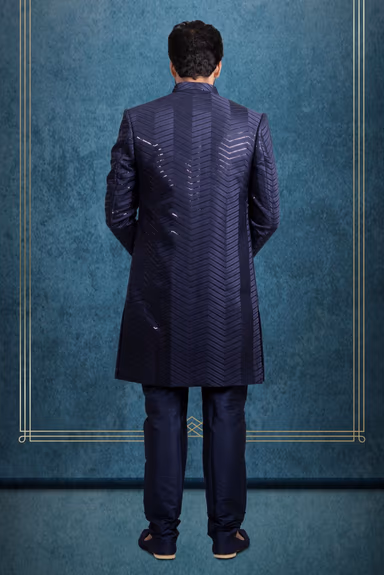 Navy Blue Dapper Jacket Sherwani — view 3 of 5