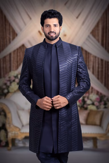 Navy Blue Dapper Jacket Sherwani — view 2 of 5