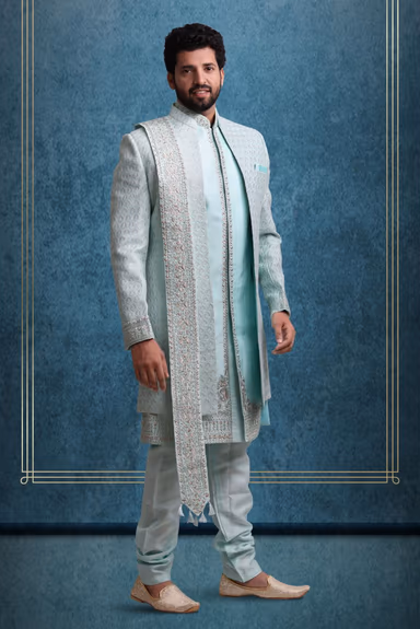 Sea-Blue And Gold Magnificent Jacket Sherwani With Dupatta — view 6 of 6