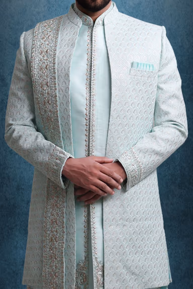 Sea-Blue And Gold Magnificent Jacket Sherwani With Dupatta — view 5 of 6