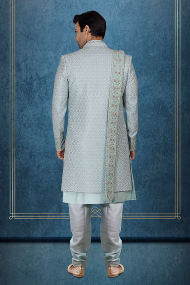 Sea-Blue And Gold Magnificent Jacket Sherwani With Dupatta — view 4 of 6
