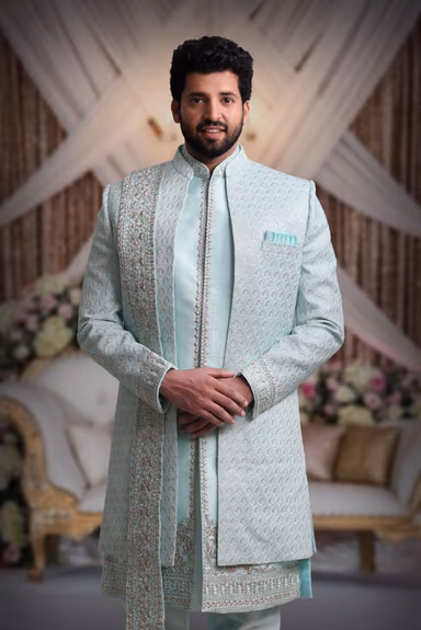 Sea-Blue And Gold Magnificent Jacket Sherwani With Dupatta — view 2 of 6