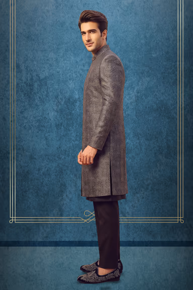 Add Subtle Luxury To Your Wardrobe With This Charcoal Grey Textured Sherwani Complete With Matching Dark… — view 3 of 3