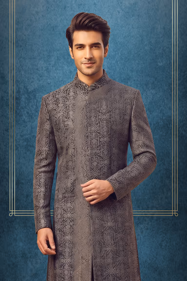 Add Subtle Luxury To Your Wardrobe With This Charcoal Grey Textured Sherwani Complete With Matching Dark… — view 2 of 3