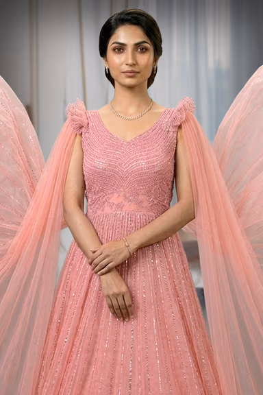 An Elegant Peach Flared Gown Along With Dropped Sleeve Dupatta — view 1 of 3