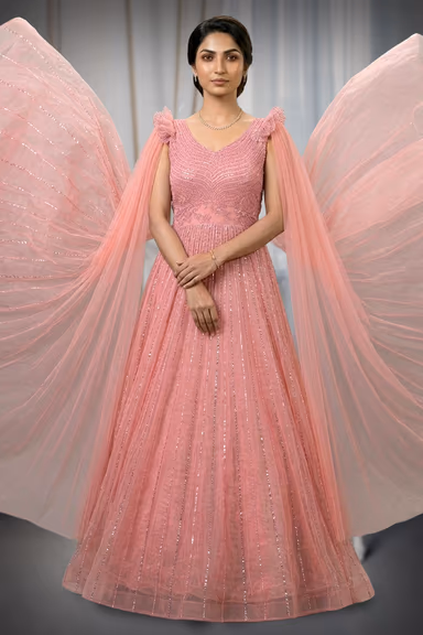 An Elegant Peach Flared Gown Along With Dropped Sleeve Dupatta — view 2 of 3