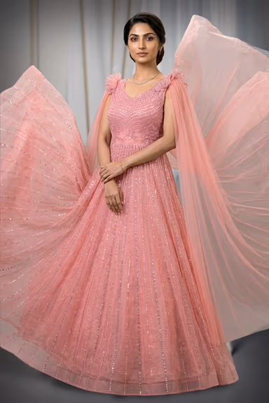 An Elegant Peach Flared Gown Along With Dropped Sleeve Dupatta — view 3 of 3