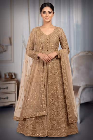 An Exquisite Floor Length Gown In Golden Featuring All Over Intricate Hand Embroidery Mirror Work And A… — view 2 of 2