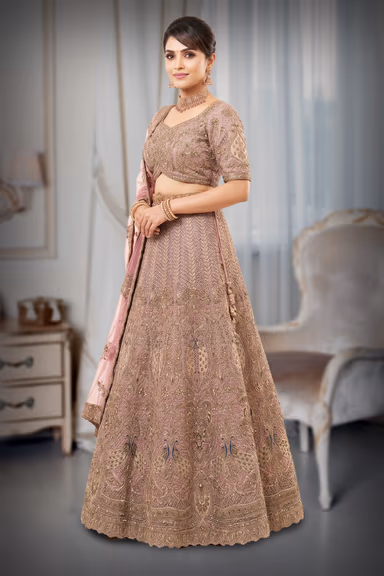 Antique Rose & Gold Peacock Motif Heavy Embroidered Bridal Lehenga Choli Set with Pink Net Dupatta — view 3 of 3