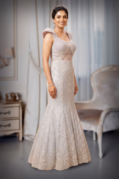 Ash Grey Crepe Crush Fish-Cut Gown with Embossed Shoulder Detailing — view 3 of 3