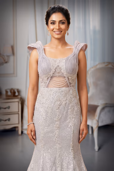 Ash Grey Crepe Crush Fish-Cut Gown with Embossed Shoulder Detailing — view 1 of 3